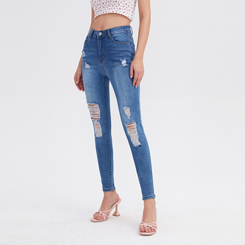 

High Stretch Ripped Skinny Jeans, Medium wash