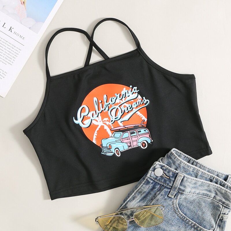 

Slogan & Car Graphic Crisscross Back Cami Top, Black