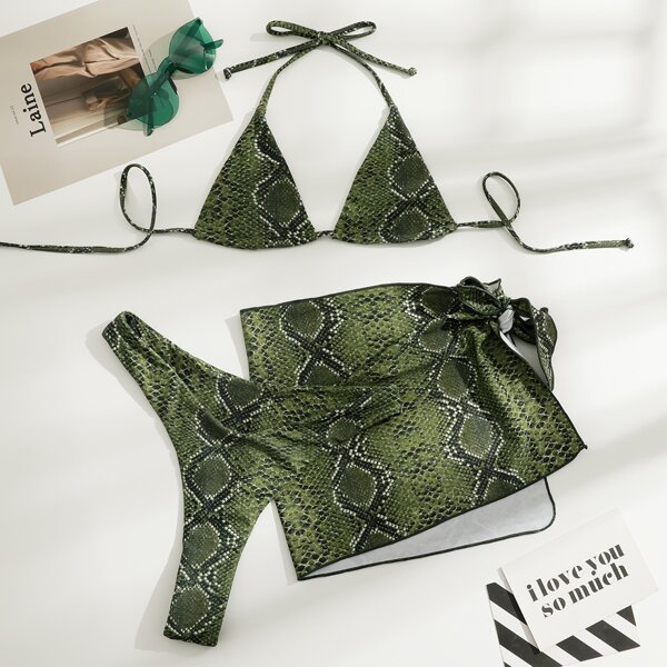 

3pack Snakeskin Halter Bikini Swimsuit & Beach Skirt, Green