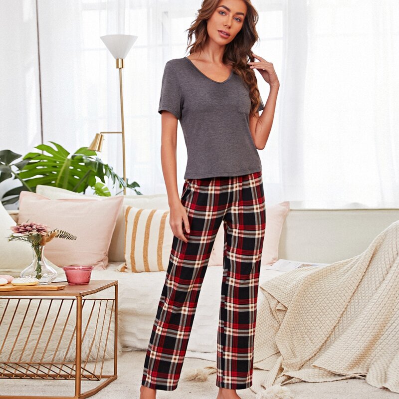 

Plaid Print PJ Set, Dark grey