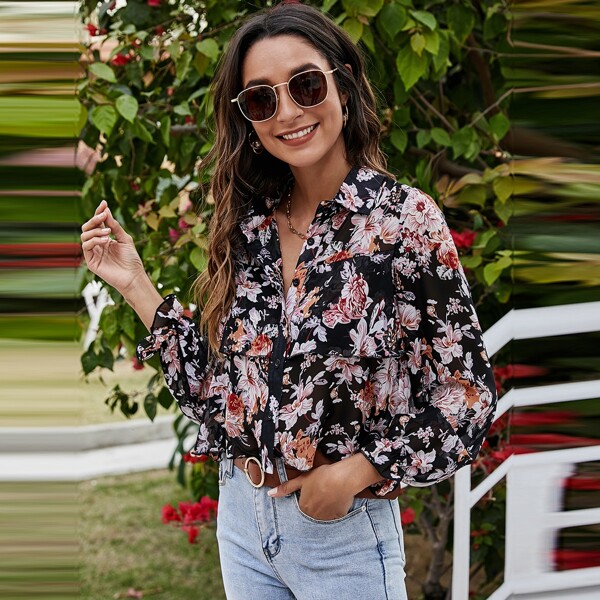 

Floral Button Front Blouse, Multicolor