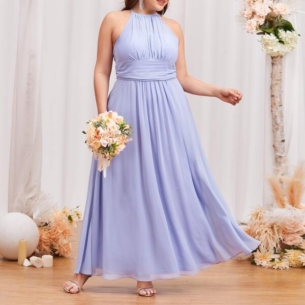 

Plus Solid Halter Pleated Back Dress, Lilac purple