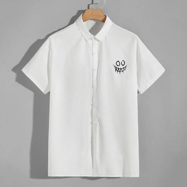 

Men Graphic Print Button Front Shirt, White