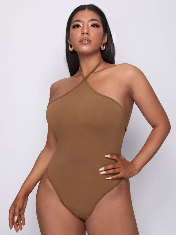 Plus Tie Back Halter Bodysuit - Coffee Brown - View 1
