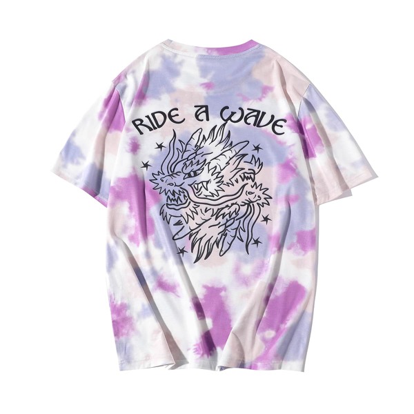 

Men Tie Dye & Chinese Dragon Print Tee, Multicolor