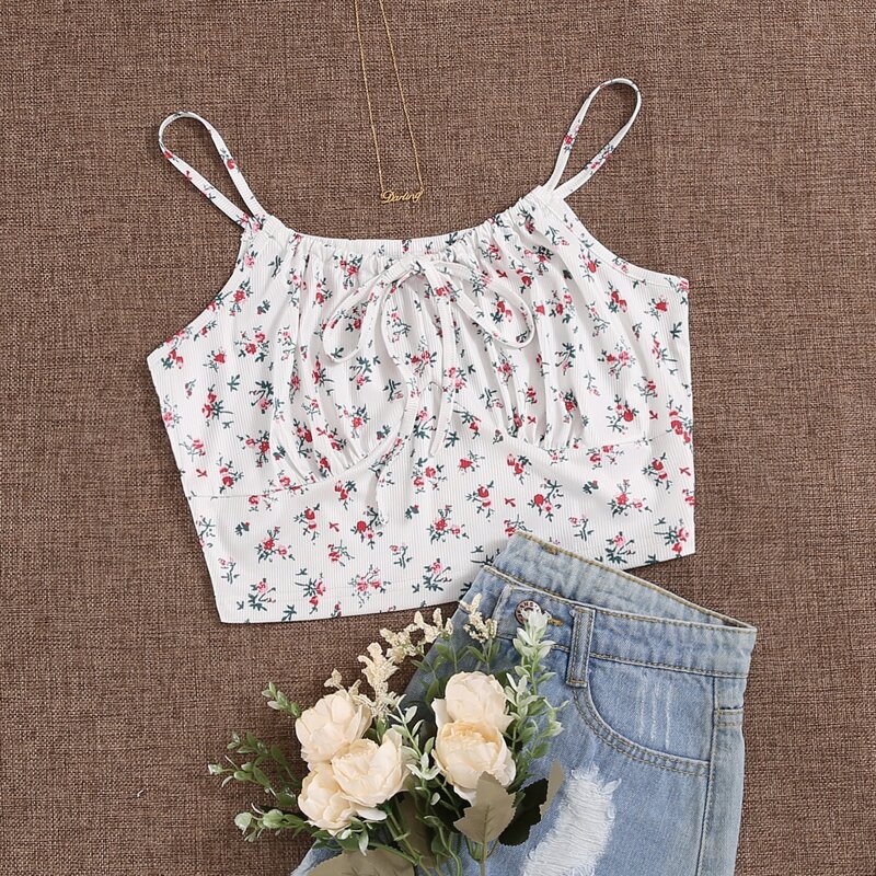 

Floral Print Knot Crop Cami Top, Multicolor