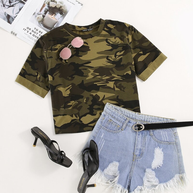 

Camo Short Sleeve Crop Tee, Multicolor
