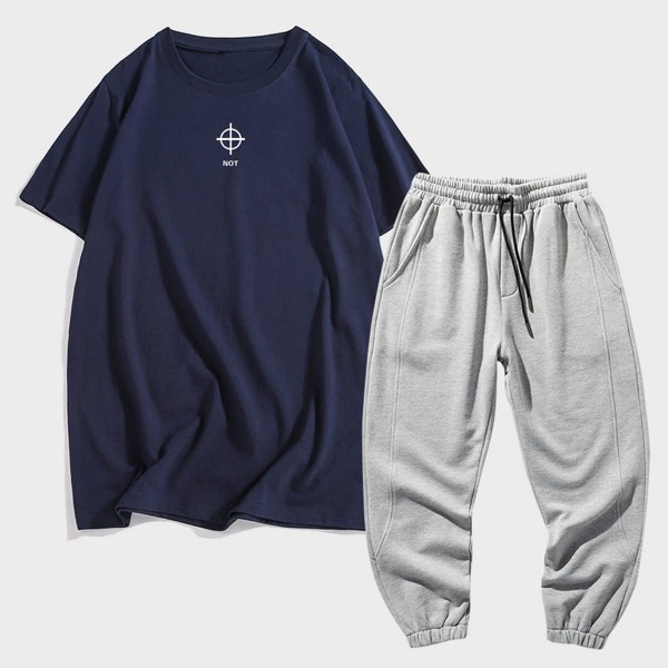 

Men Letter Graphic Tee With Drawstring Joggers, Multicolor