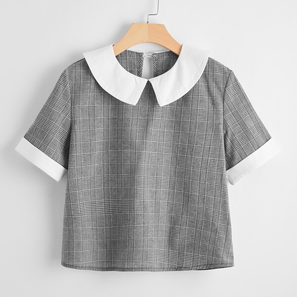 

Plaid Contrast Peter Pan Collar Blouse, Grey