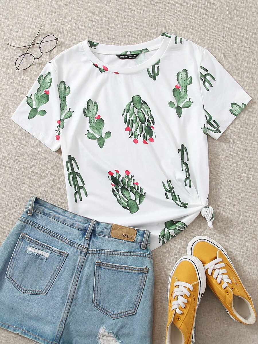 SHEIN Cactus Print Top - White - View 1