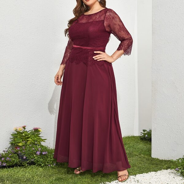 

Plus Solid Contrast Lace A-line Dress, Maroon