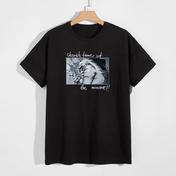 

Men Slogan And Gorilla Print Tee, Black