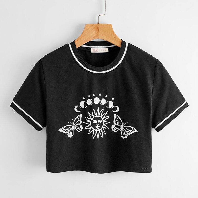 

Sun & Moon Butterfly Graphic Crop Tee, Black