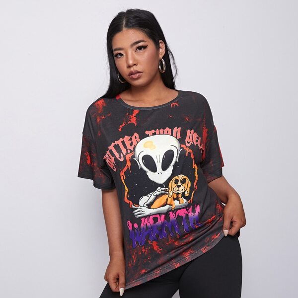 

Plus Letter and Alien Print Tie Dye Top, Multicolor