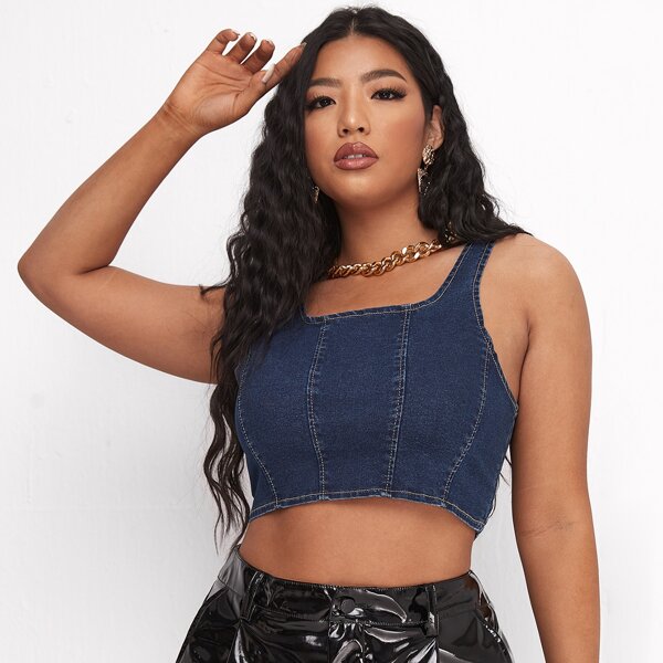

Plus Zip Back Tank Denim Top, Dark wash