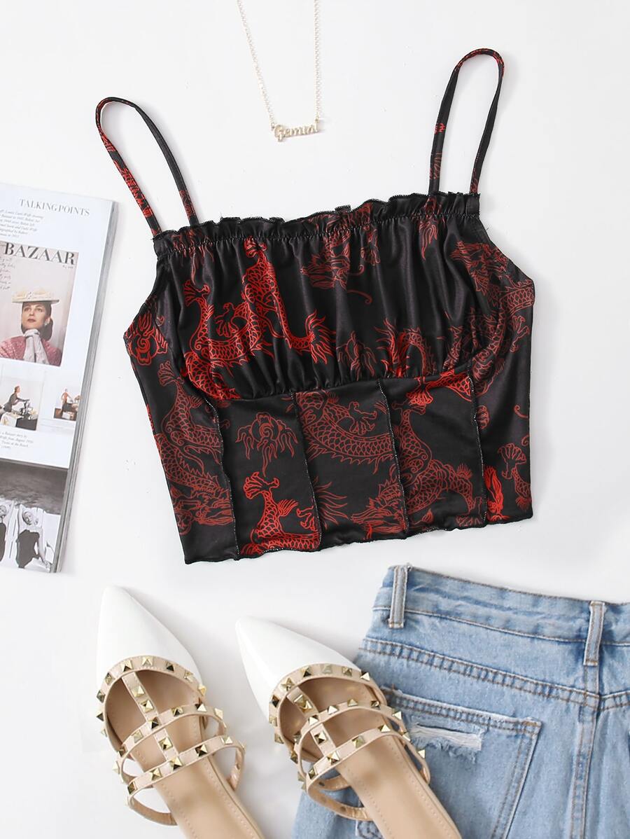 Muchica 中國龍圖案抽褶胸吊帶上衣