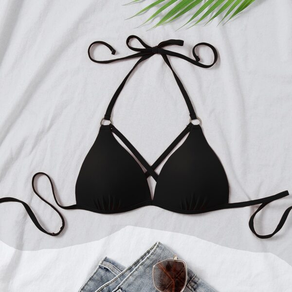 

Ring Linked Crisscross Halter Bikini Top, Black