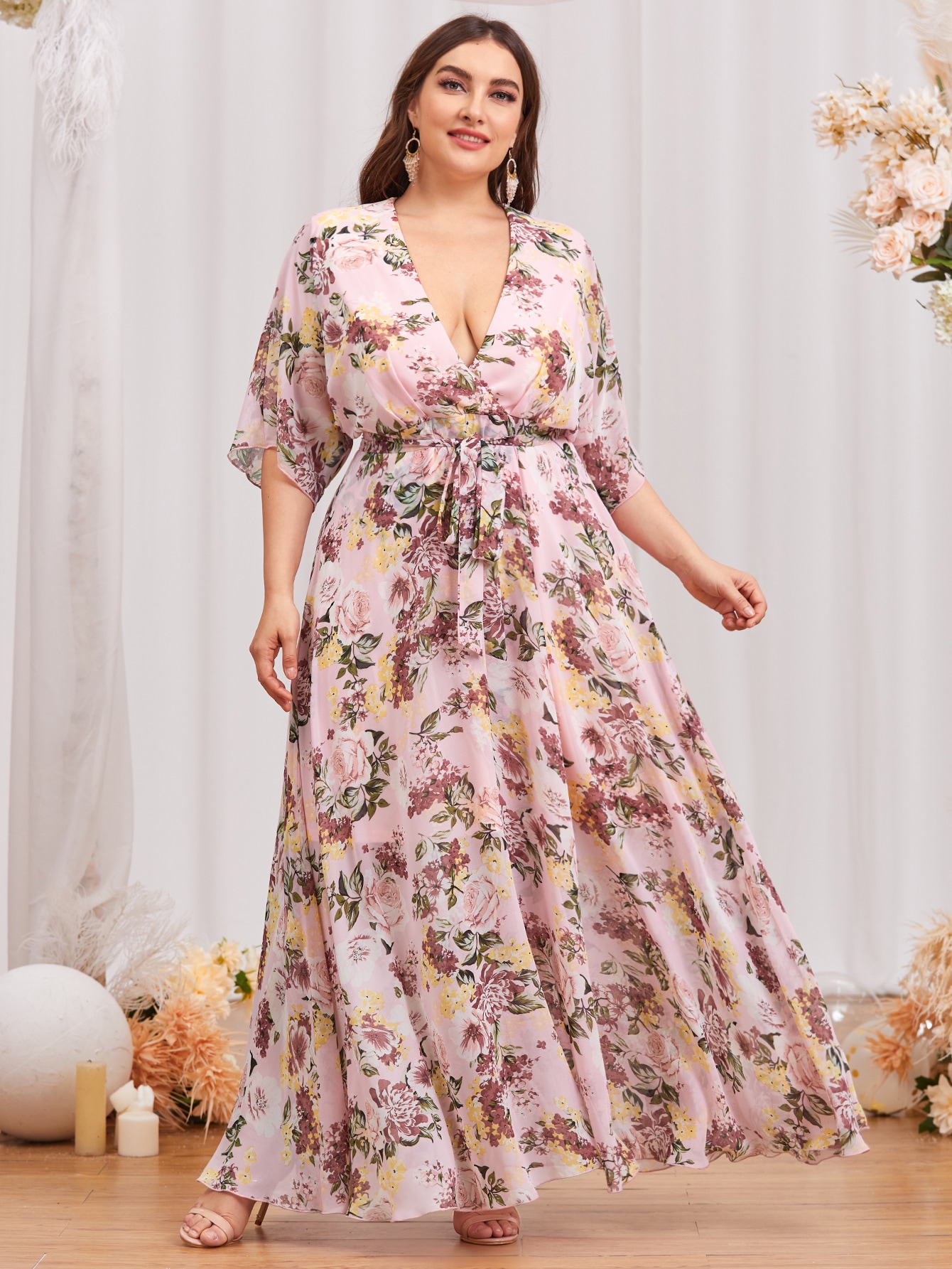 slim fit dress slacks Surplice Neck Belted Split Thigh Gold Maxi Dress FT2858