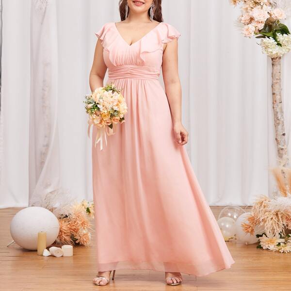 

Plus Chiffon Double V-neck Ruffle Maxi Prom Dress, Baby pink