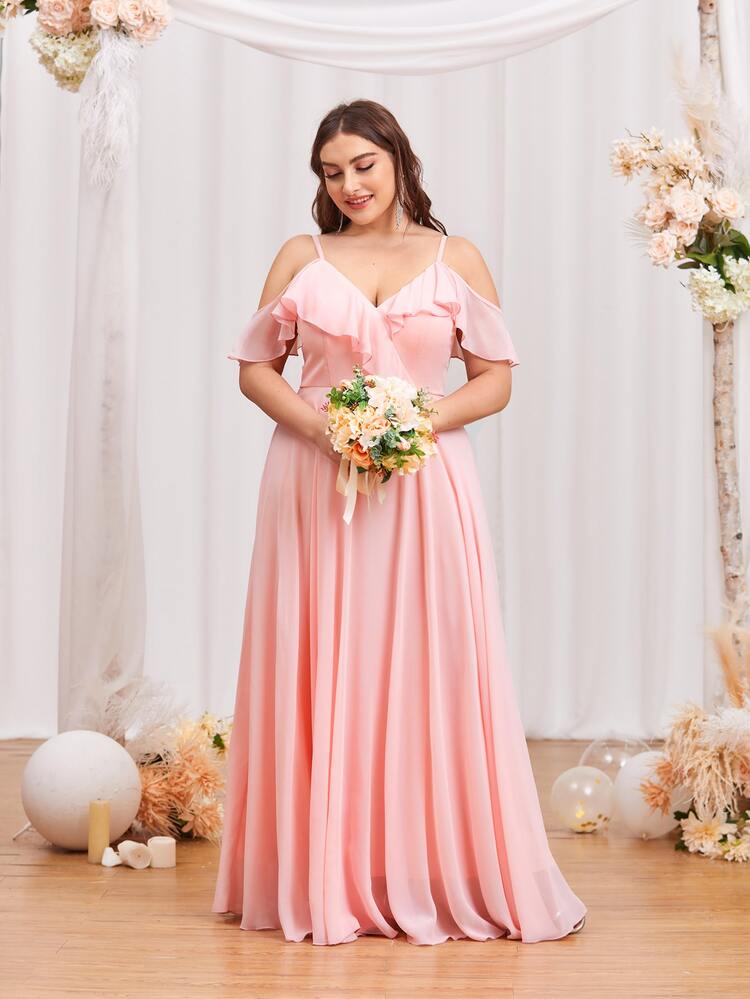 SHEIN Belle Plus Chiffon Cold Shoulder Ruffle Trim Maxi Prom Dress - Baby Pink - View 5