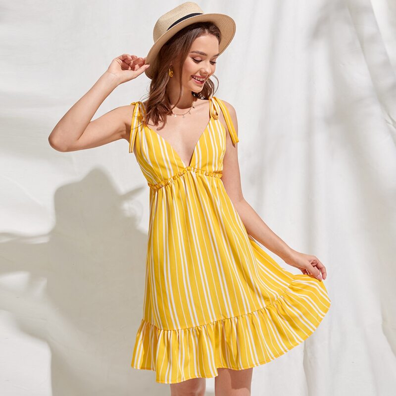 

Tie Shoulder Striped Flounce Dress, Yellow