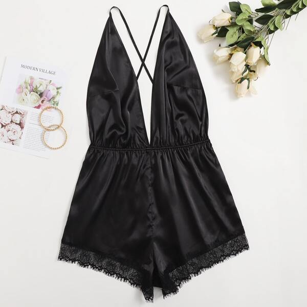 

Plus Lace Panel Satin Cami Sleep Romper, Black