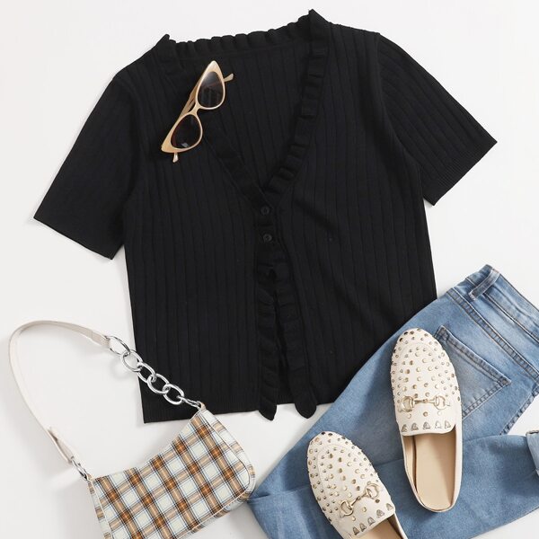 

Plus Frill Trim Button Front Cardigan, Black