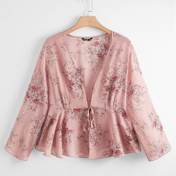 

Plus Tie Front Floral Print Top, Dusty pink