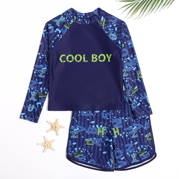 

Boys Letter Graphic Shorts Swimsuit, Navy blue