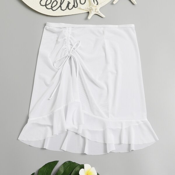 

Ruffle Hem Drawstring Decor Beach Skirt, White