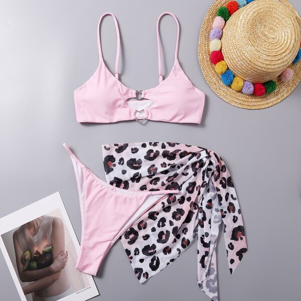 

3pack Heart Linked Bikini Swimsuit & Leopard Cover Up, Multicolor