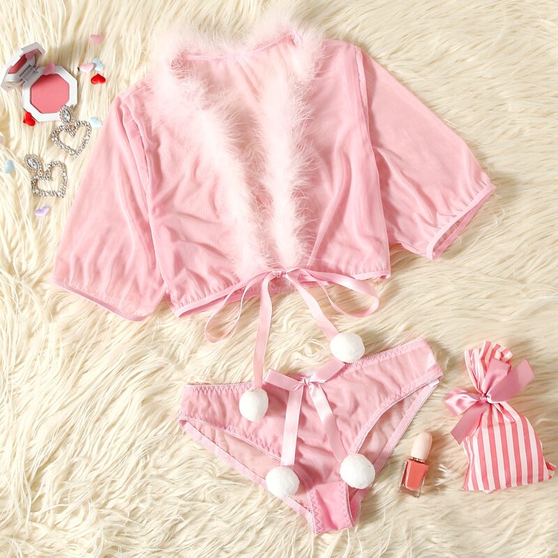 

Fuzzy Trim Pom Pom Decor Lingerie Set, Baby pink