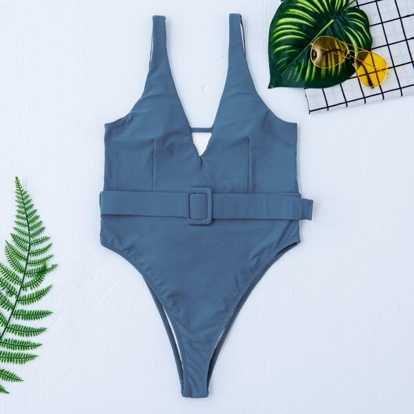 

Buckle Belted One Piece Swimsuit, Dusty blue