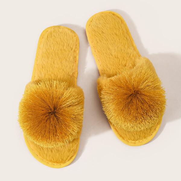 

Fluffy Open Toe Pom Pom Decor Slippers, Yellow