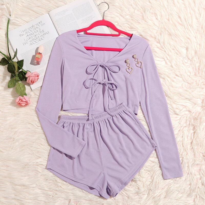 

Tie Front Tee & Shorts PJ Set, Lilac purple