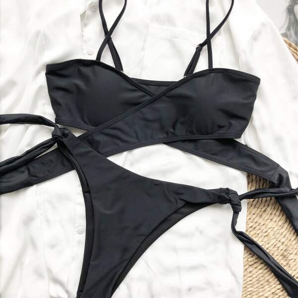 

Cross Wrap Tie Side Bikini Swimsuit, Black