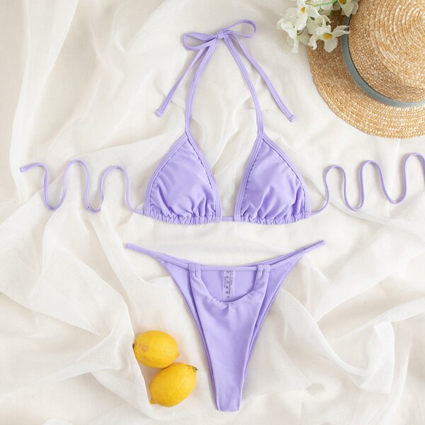 

Micro Triangle Cut-out Thong Bikini Swimsuit, Lilac purple