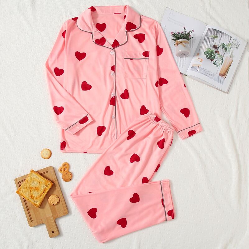 

Heart Allover Print PJ Set, Coral pink