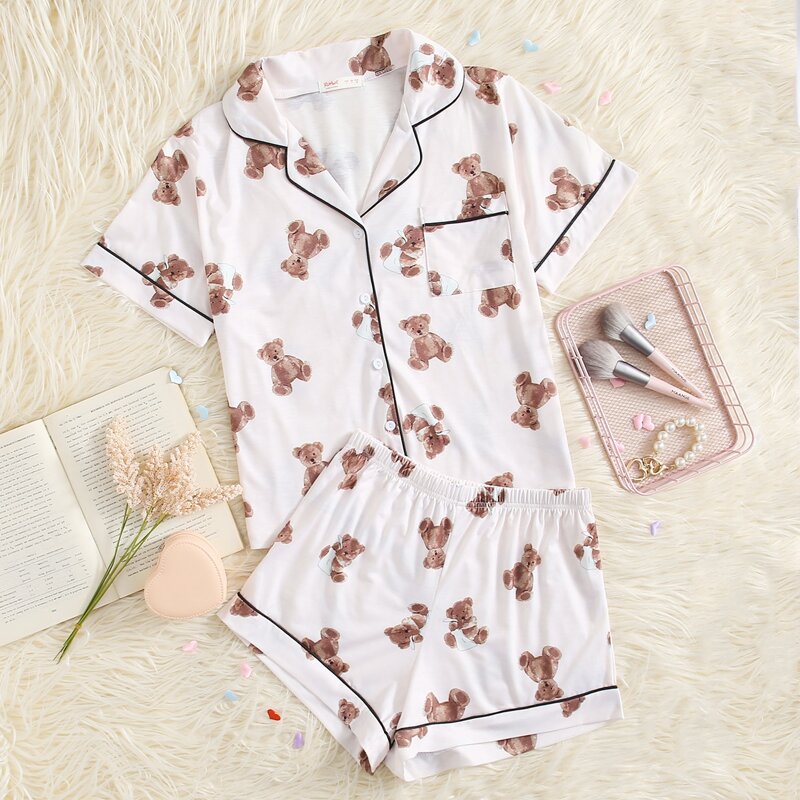 

Bear Print Piping Trim PJ Set, Multicolor