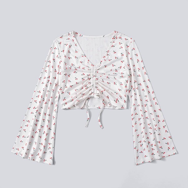 

Plus Cherry Print Drawstring Front Crop Tee, White