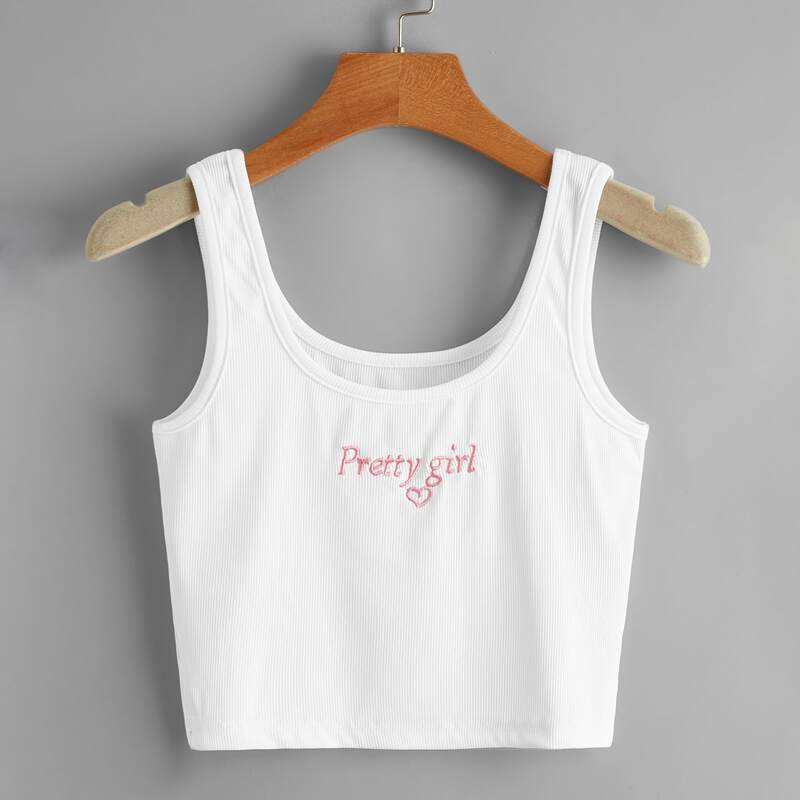 

Letter Embroidery Crop Tank Top, White