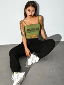 字母圖案o形環細節吊帶上衣 - 橄欖綠 - 查看 1