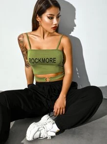 字母圖案o形環細節吊帶上衣 - 橄欖綠 - 查看 3