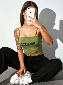 字母圖案o形環細節吊帶上衣 - 橄欖綠 - 查看 4