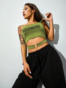 字母圖案o形環細節吊帶上衣 - 橄欖綠 - 查看 6