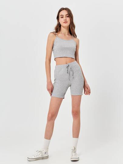 Solid Crop Cami & Drawstring Biker Shorts