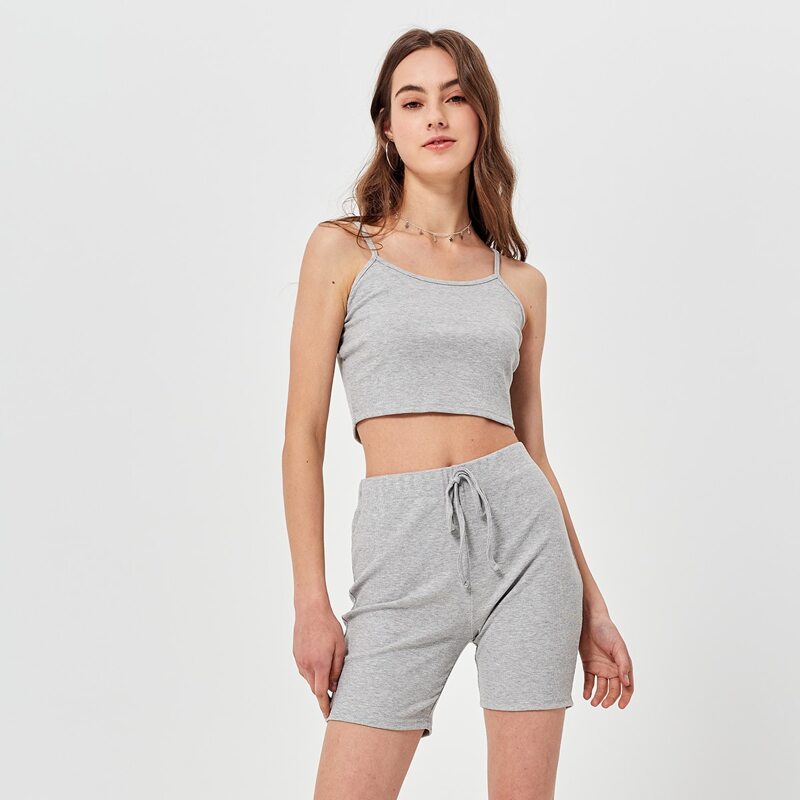

Solid Crop Cami & Drawstring Biker Shorts, Light grey