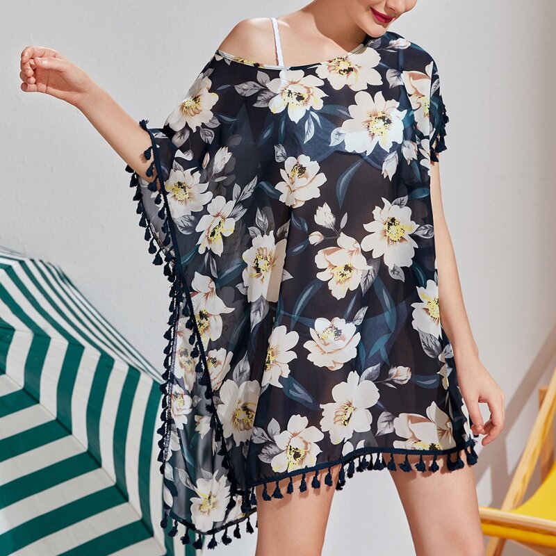 

Random Floral Print Tassel Trim Cover Up, Multicolor