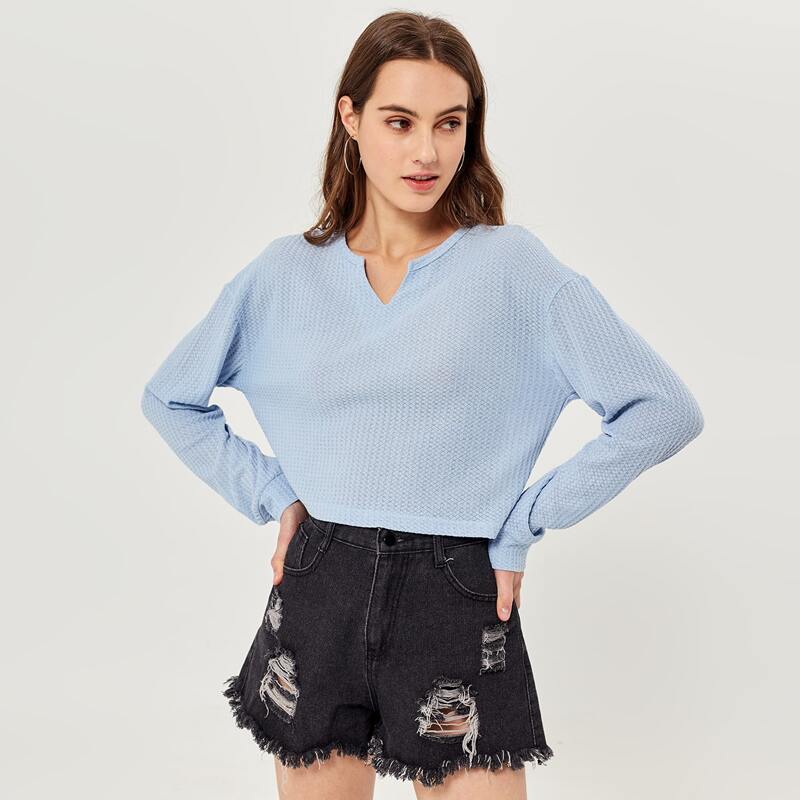 

Solid Notched Drop Shoulder Tee, Baby blue