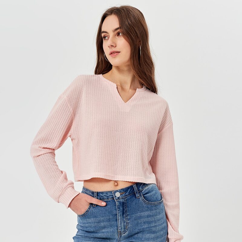 

Notched Neck Drop Shoulder Tee, Baby pink